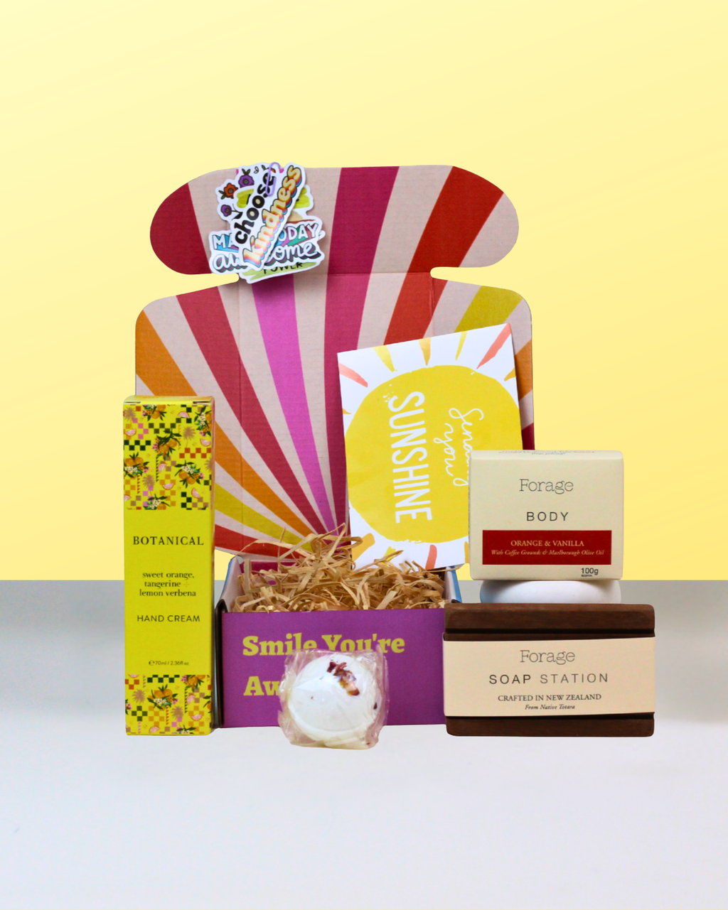 The Natural Box by A Box-Full featuring Botanical Sweet Orange, Tangerine & Lemon Verbena hand cream, a Forage luxury natural body bar, handmade wooden soap station, and a Botanical Sweet Escape Rose Geranium bath bomb.
