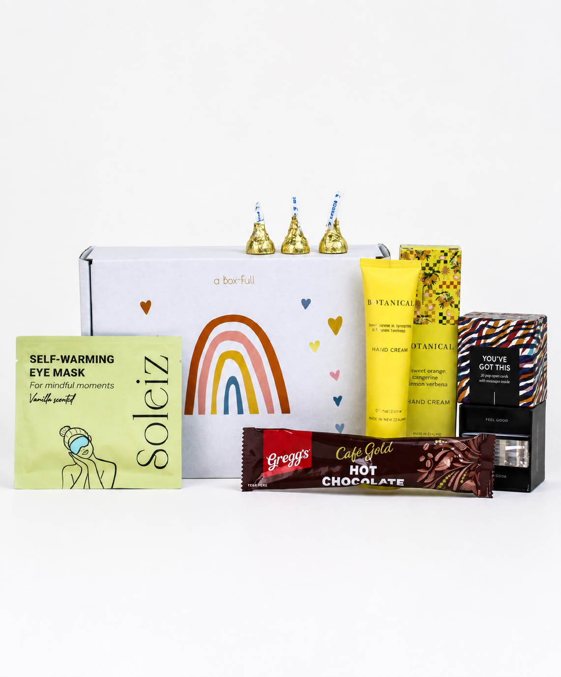 New Mum gift box NZ with encouragement cards, hand cream, self-warming eye mask, hot chocolate and Hershey’s Kisses