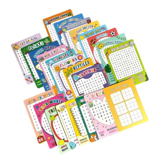 Ooly kids activity cards with word searches and Tic-Tac-Toe