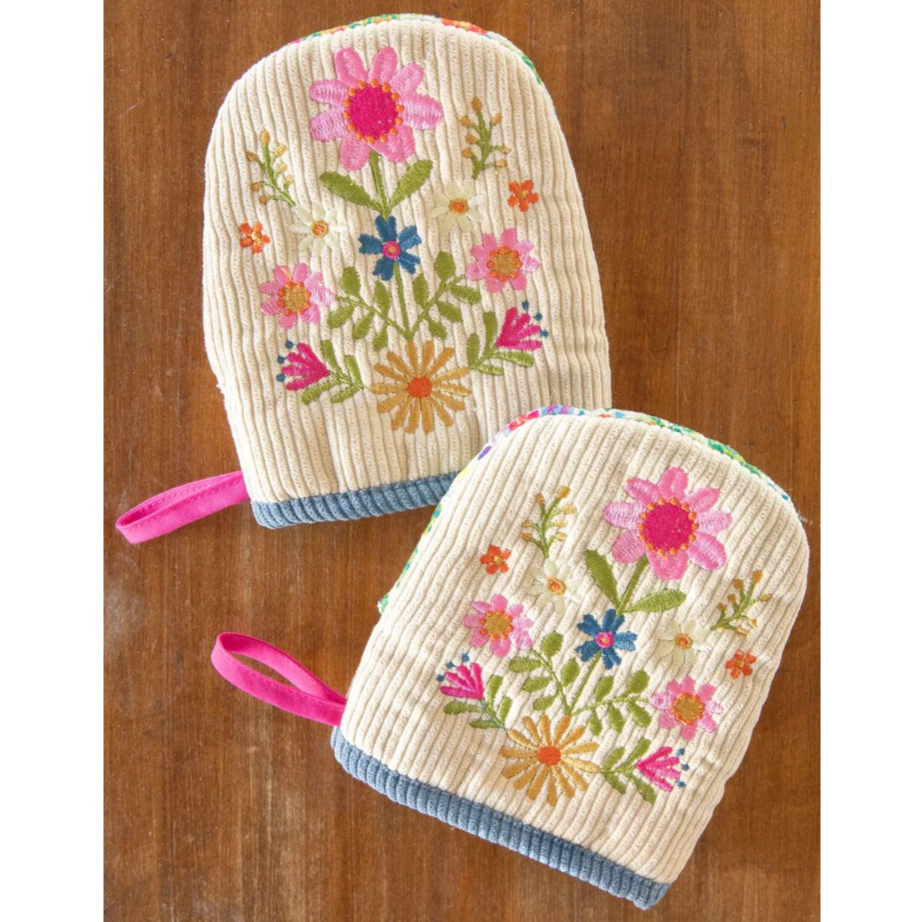 Set of two embroidered floral mini cotton oven mitts with corduroy finish and hanging loops for cooking, baking and stylish kitchen décor.