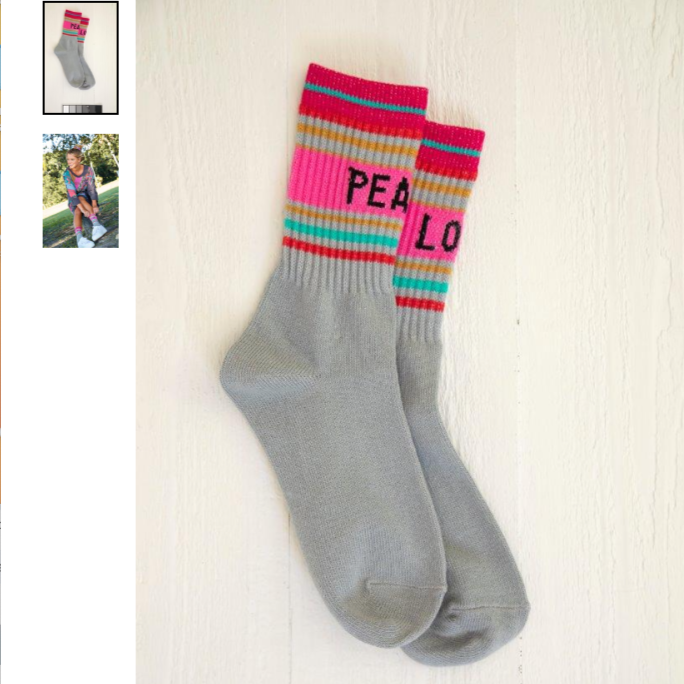 Peace & Love crew socks featuring colourful patterns and an uplifting message, perfect for everyday wear or gifting.