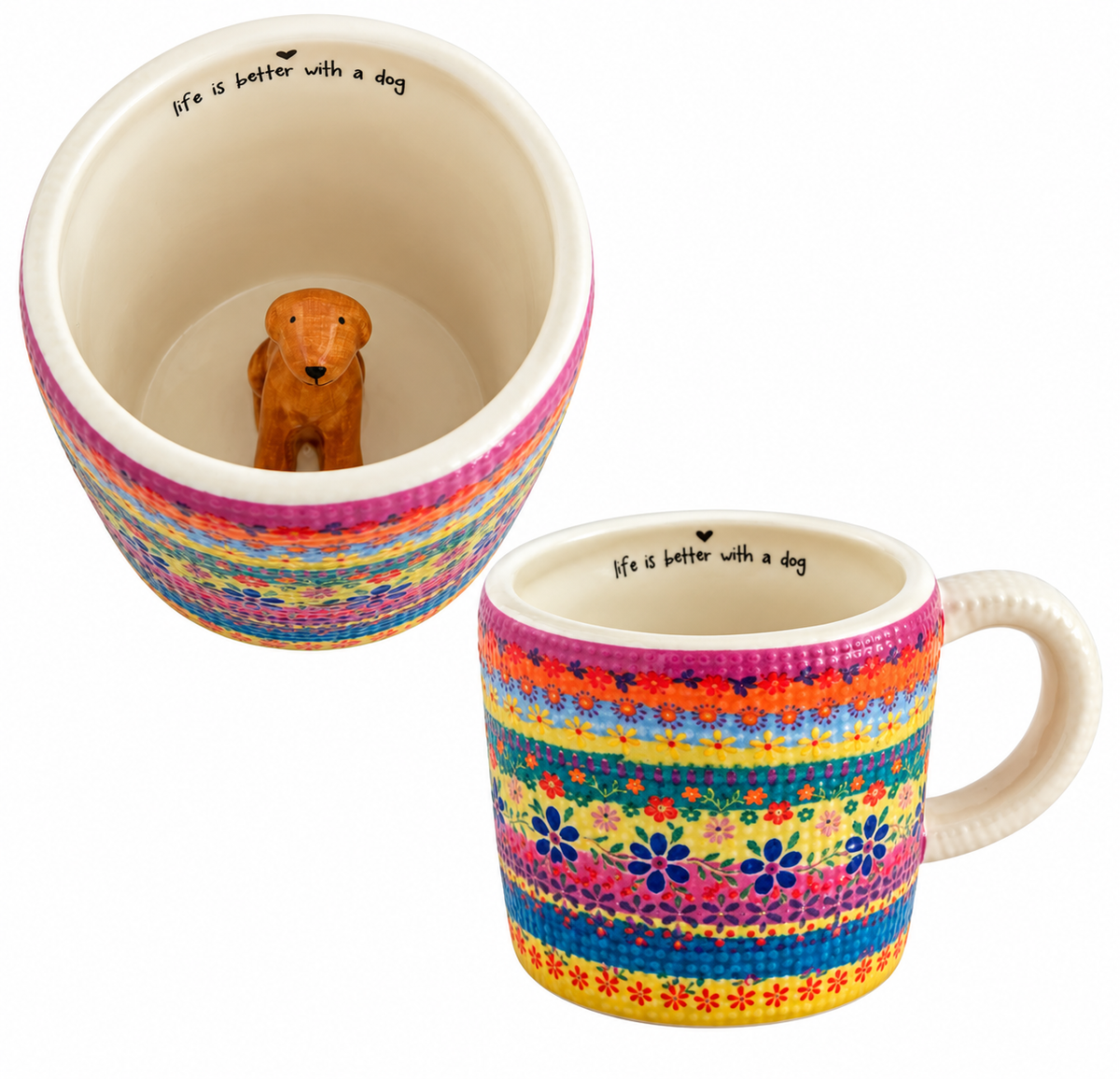 A ceramic mug with a colorful patterned exterior and a small dog figurine inside, shown from both the inside and outside views on a white background. A Box-Full