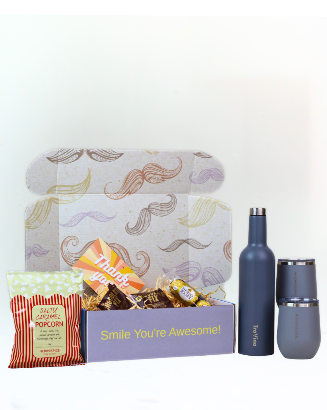 Grey Picnic & Sip gift box NZ with insulated flask, two travel cups, Cookie Time cookies, popcorn and Ferrero Rocher chocolates