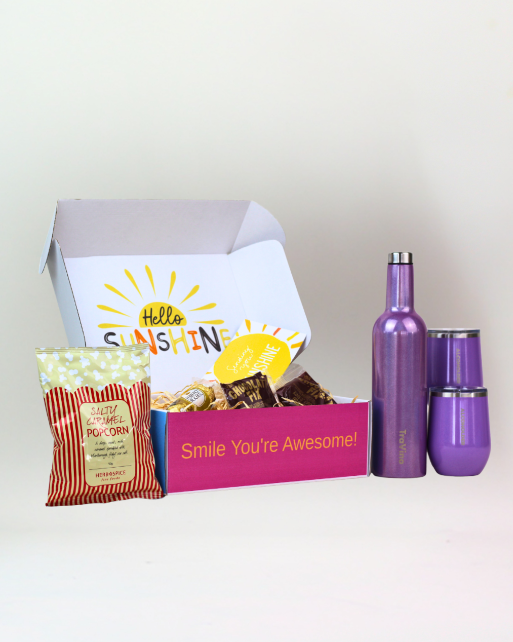 Purple insulated bottle gift box with gourmet treats
