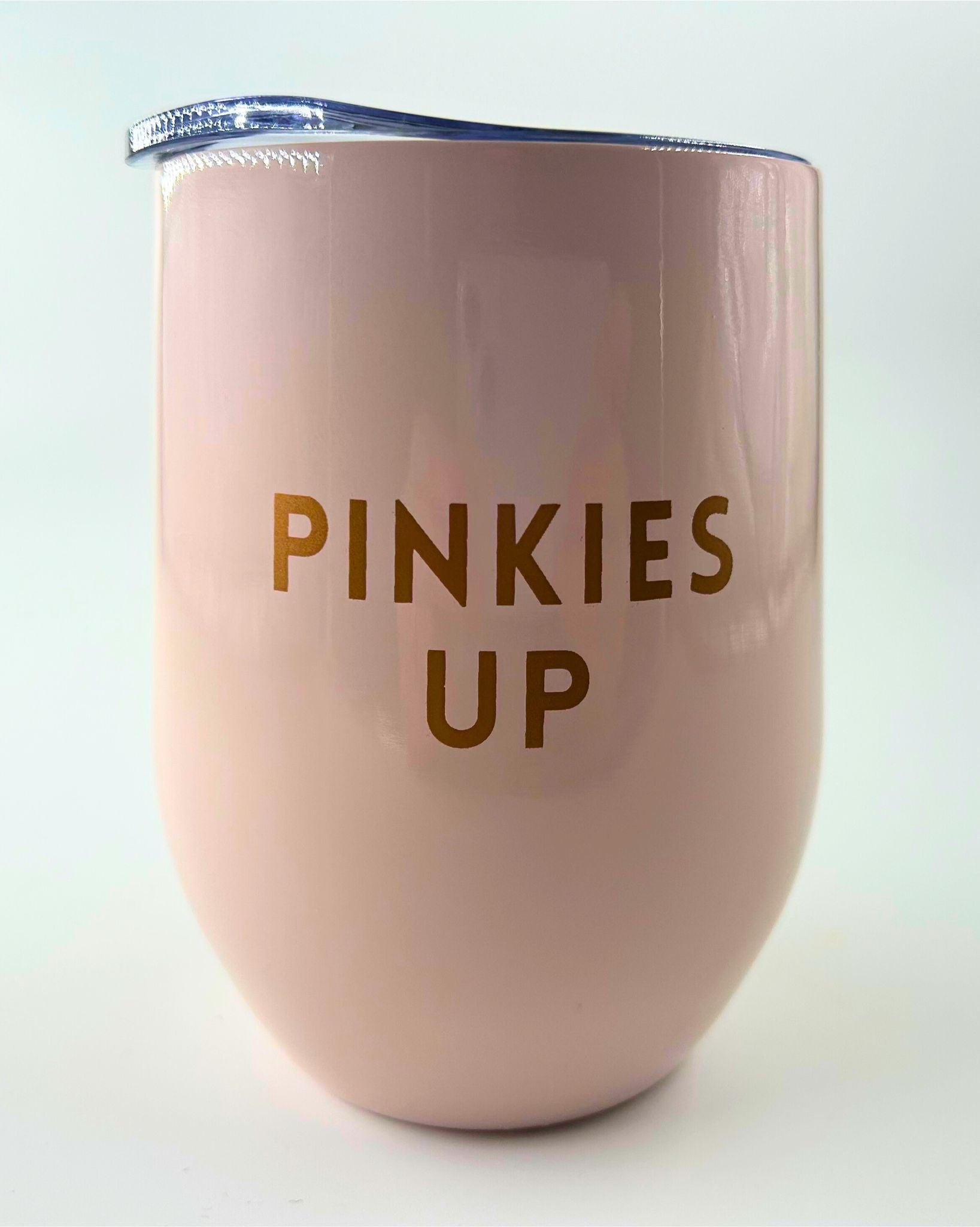 Cute light pink Pinkies Up wine tumbler, perfect for gifting with treats in Fun & Thoughtful Gift Boxes NZ and Unique Gift Boxes New Zealand collections