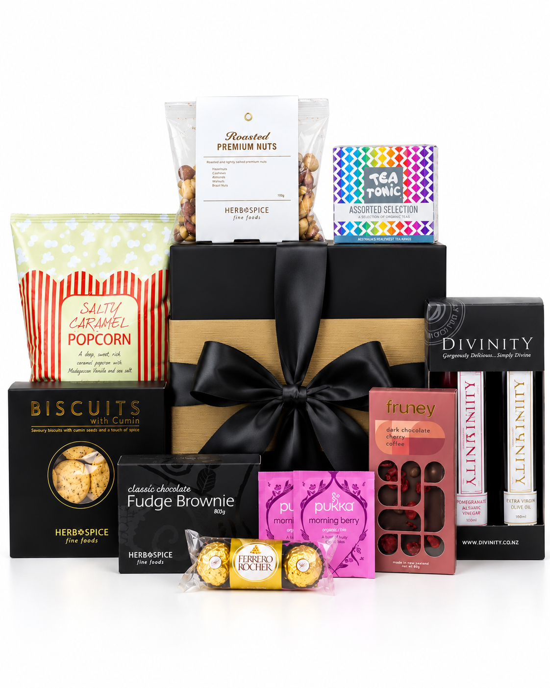 Premium gourmet foodie gift box NZ with olive oil, pomegranate balsamic vinegar, specialty tea, chocolate and savoury treats with olive oil, pomegranate balsamic vinegar, specialty tea, chocolate and savoury treats