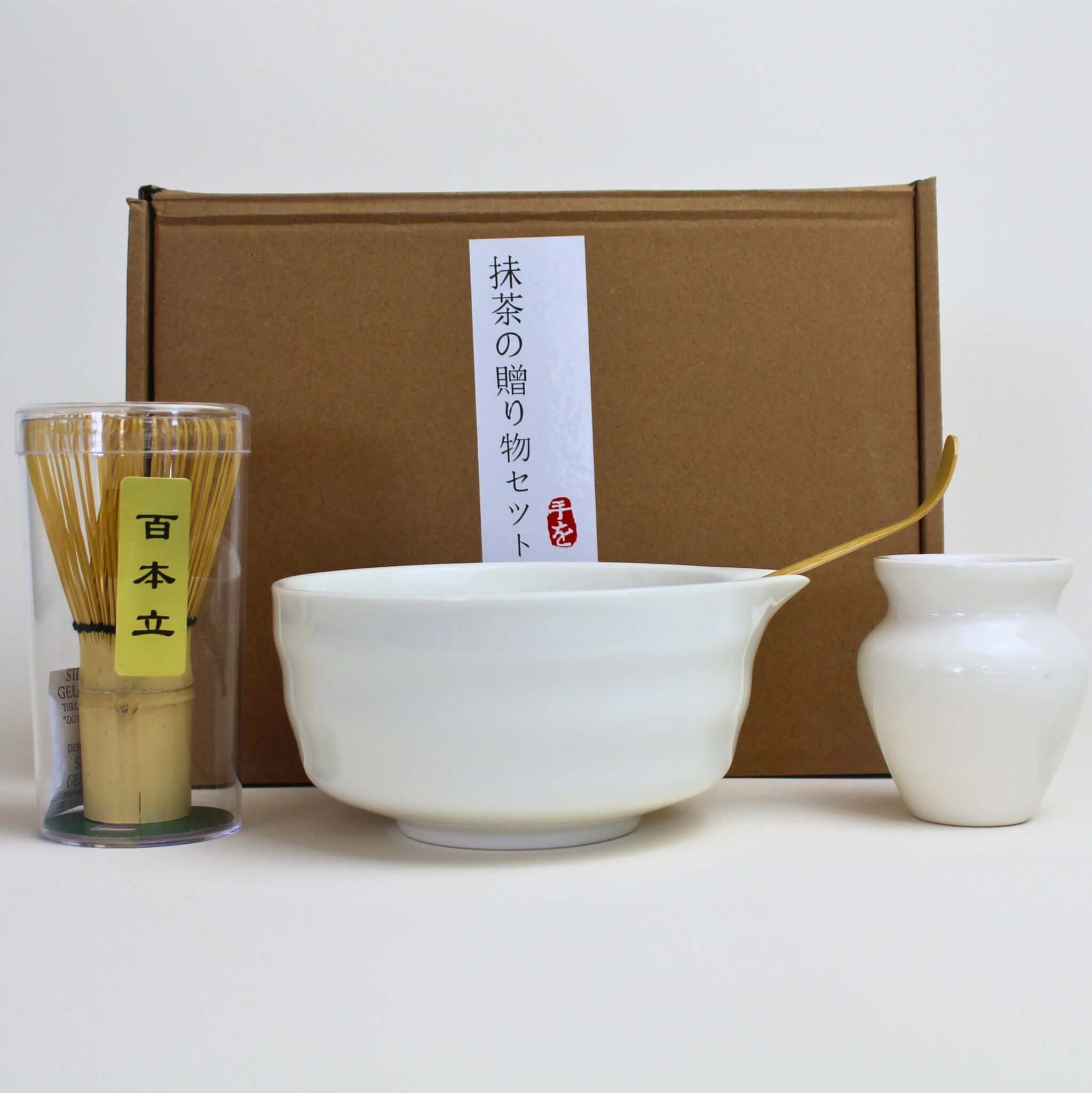 Japanese matcha tea set displayed in five different ceramic bowl colours, perfect for personalised gifting or self-care.