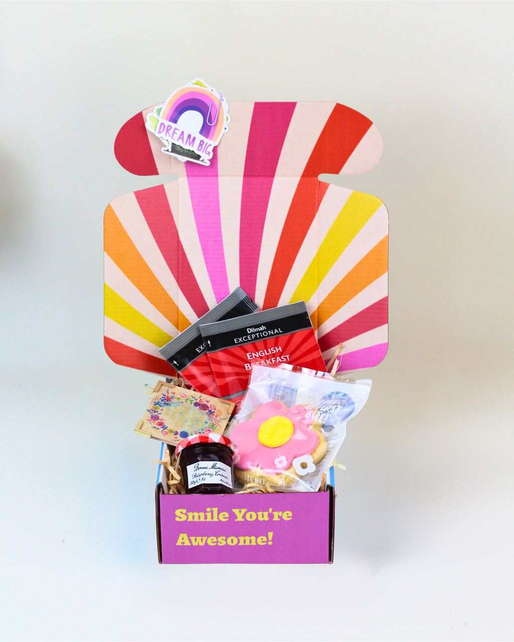 Proppa Cup of Tea Gift Box featuring Dilmah Exceptional English Breakfast tea, Bonne Maman mini raspberry jam, Molly Woppy daisy shortbread cookie and inspirational keepsake magnet in an A Box-Full gift box.