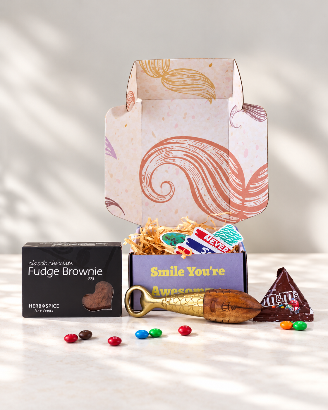 Quirky and Fun Gift Box for him – includes bottle opener, chocolate brownie, M&Ms, and personalised card in moustache gift box NZ