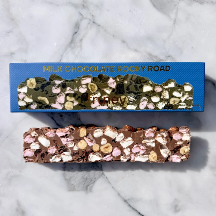 Add premium Rocky Road milk chocolate with NZ hazelnuts and cranberries to your A Box-Full gift box. A delicious chocolate treat delivered NZ-wide.