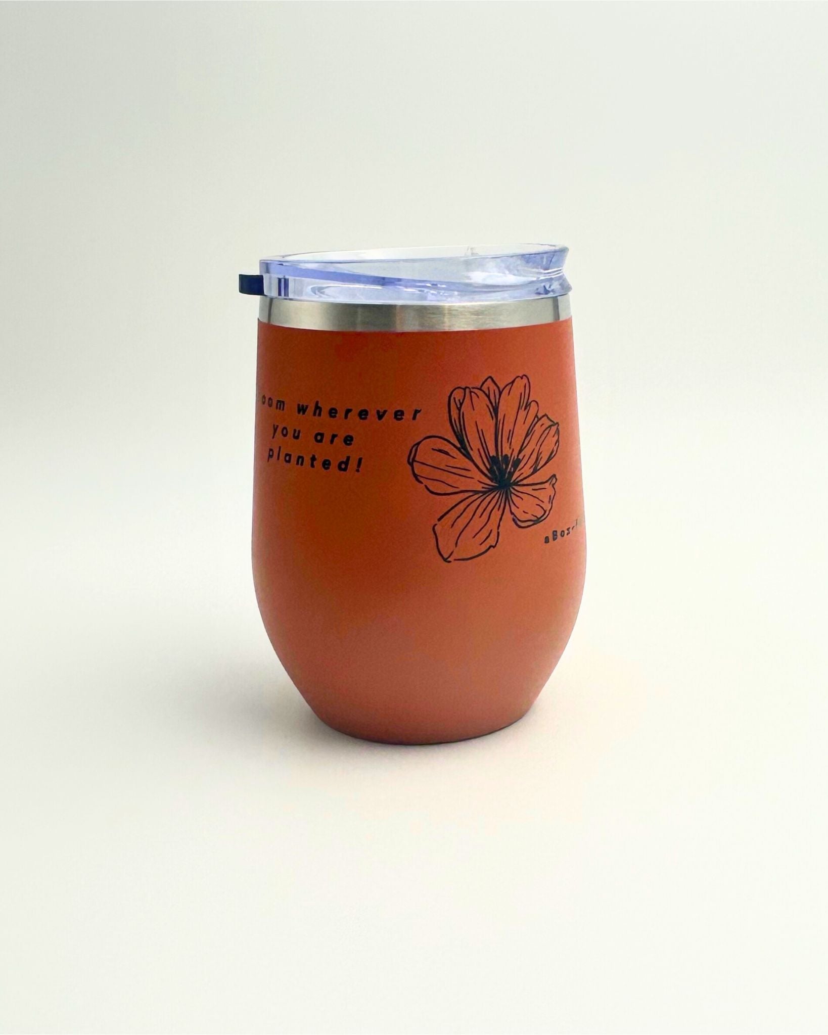 Rust Keep Cup with ‘Bloom Wherever You Are Planted’ print – ceramic-lined, insulated, and stainless steel outer. Perfect for coffee or tea lovers, ideal for gift boxes, thoughtful gifts, and wellbeing gifts NZ. Stylish, practical, and inspiring for daily use.