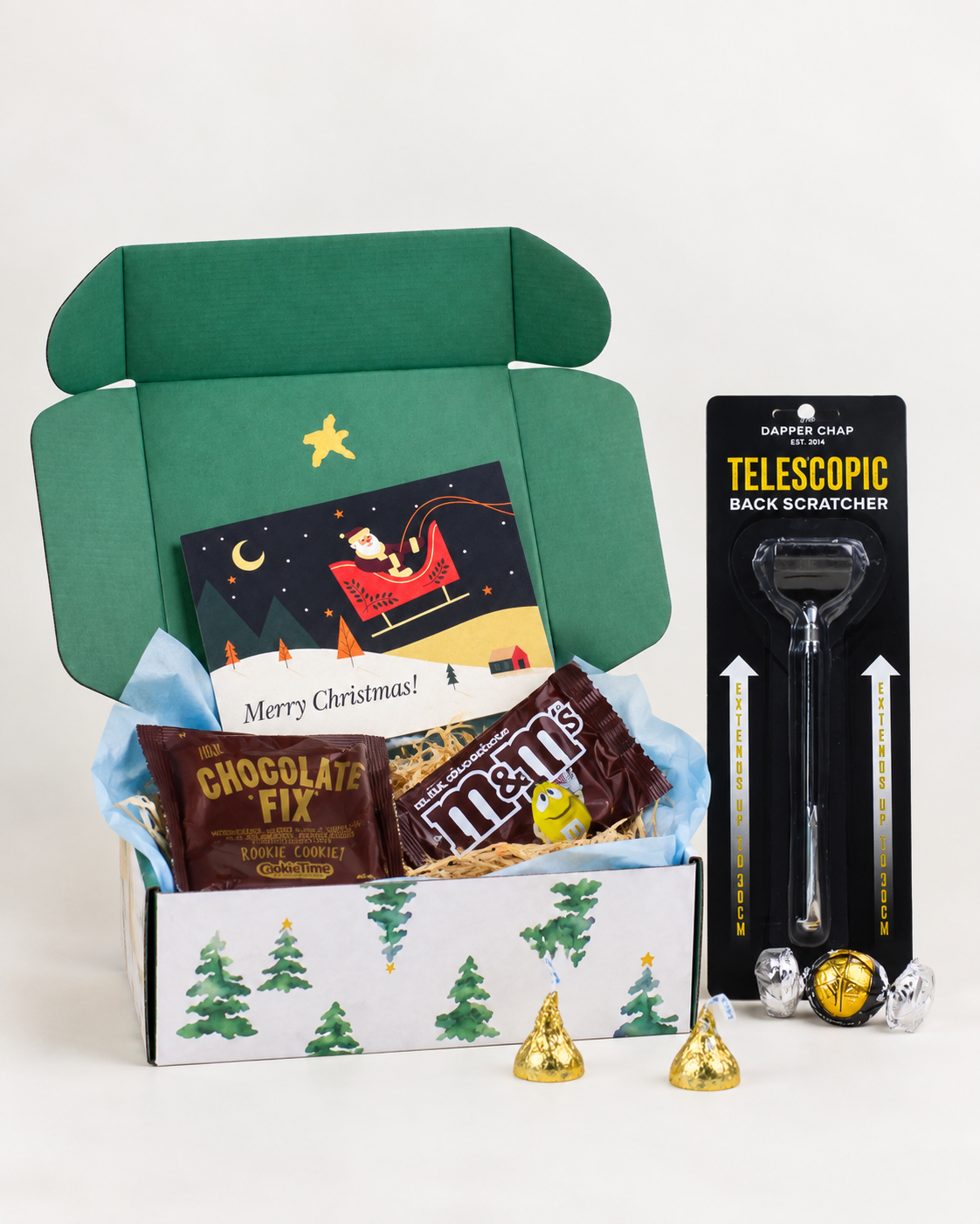 Secret Santa Gift Box NZ with telescopic back scratcher, chocolate treats and personalised Christmas card in festive Christmas packaging