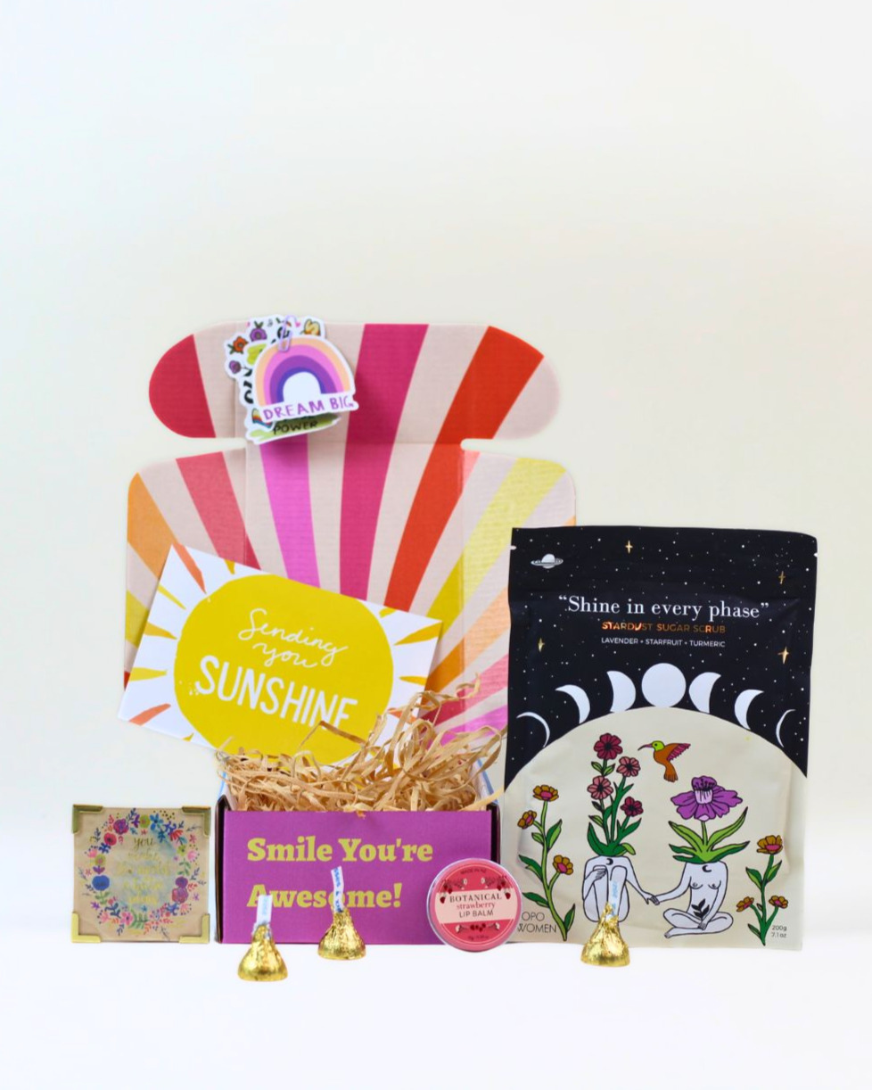 Shine Bright Gift Box NZ with BOPO Women Stardust Sugar Scrub, strawberry lip balm, Hershey's Kisses, inspirational magnet and personalised gift card.
