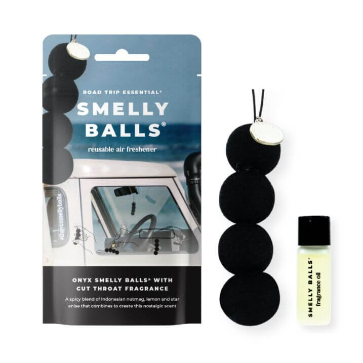 Smelly Balls Car Freshener Gift | Cut Throat is a reusable air freshener with a bold, nostalgic blend of Indonesian nutmeg, lemon, and star anise.