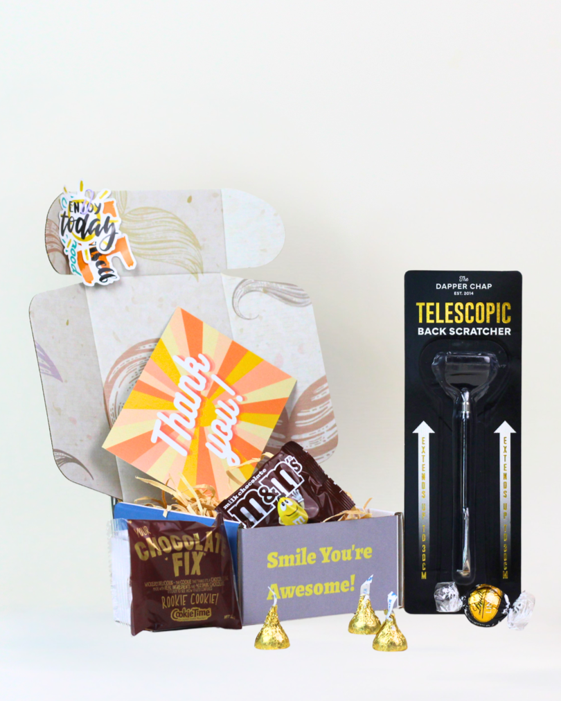Snack & Scratch gift box NZ with telescopic back scratcher, Cookie Time cookie and chocolate