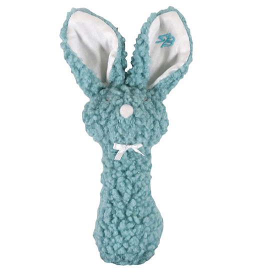 Soft Woolly Bunny baby post rattle made from plush fabric with an easy-to-hold handle for newborns and infants, perfect as a baby gift in New Zealand.