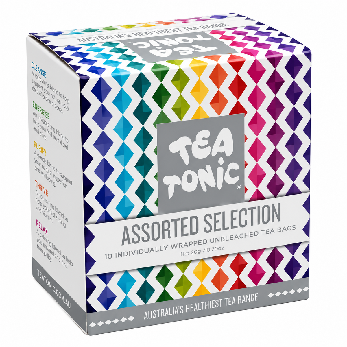 A box of Tea Tonic Assorted Selection tea bags, featuring a colourful geometric diamond pattern in a rainbow of colours on a white background.