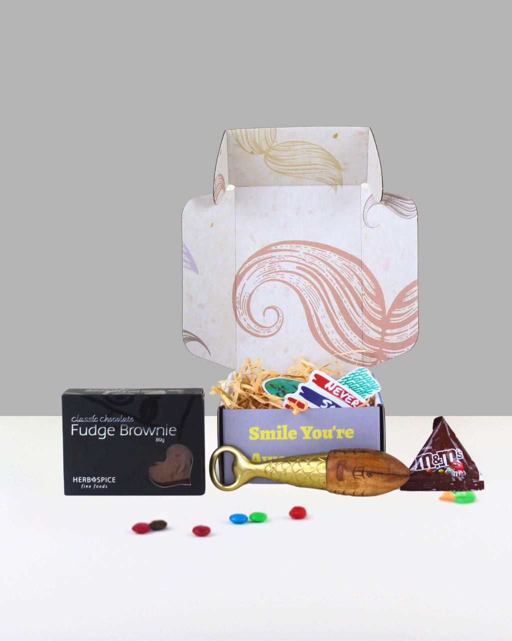 Quirky and Fun Gift Box for him – includes bottle opener, chocolate brownie, M&Ms, and personalised card in moustache gift box NZ