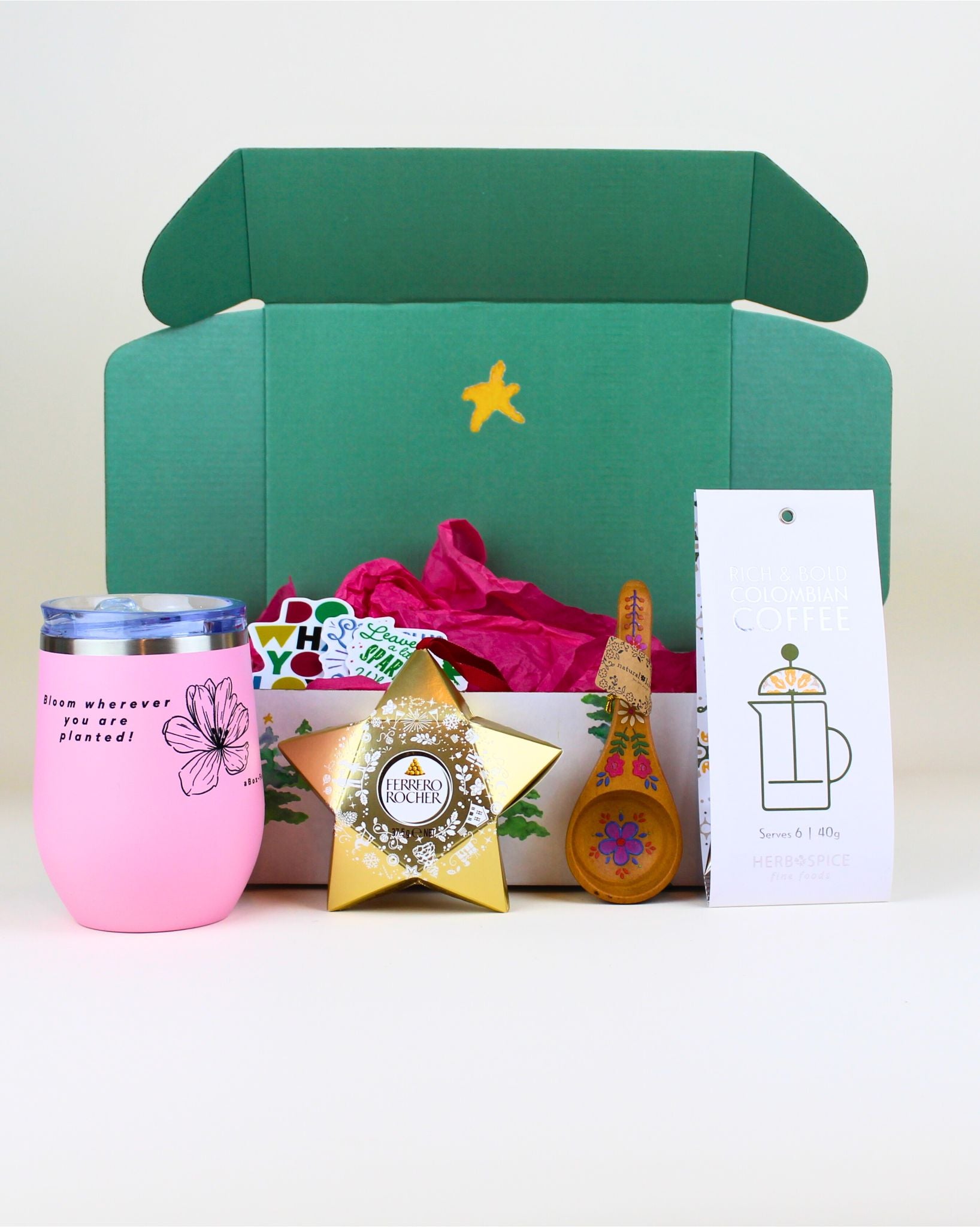 Give the perfect gift for coffee lovers with The Festive Brew & Bliss Coffee Gift Box, featuring gourmet Colombian coffee, a ceramic-lined insulated KeepCup (choose your colour), a cute coffee scoop, and Ferrero Rocher. A warm and delicious Christmas treat.