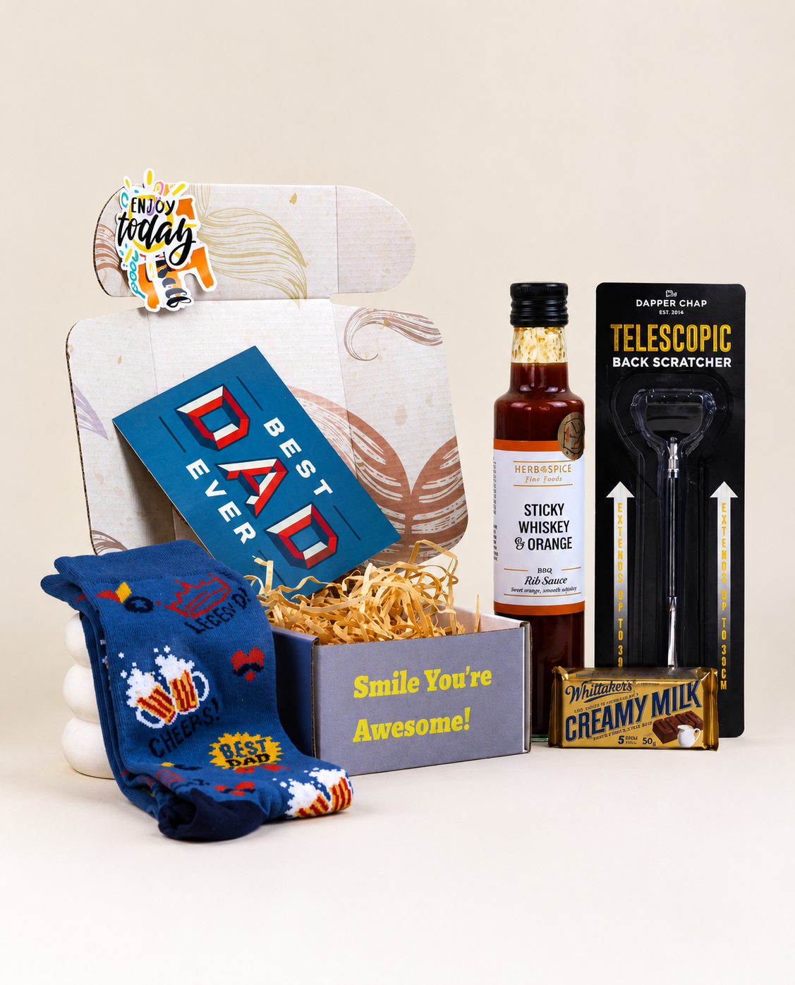 Top Dad Father’s Day gift box NZ with bamboo socks, BBQ sauce, back scratcher and Whittaker’s chocolate