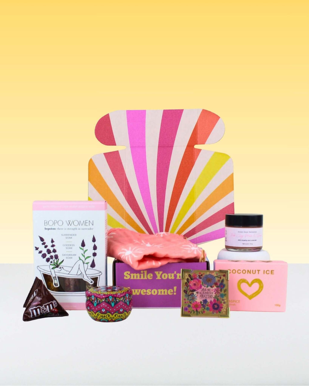Wellness Gift Box NZ pamper hamper with bath salts, candle, face mask, sweet treats and self-care gifts for relaxing me-time. ✨
