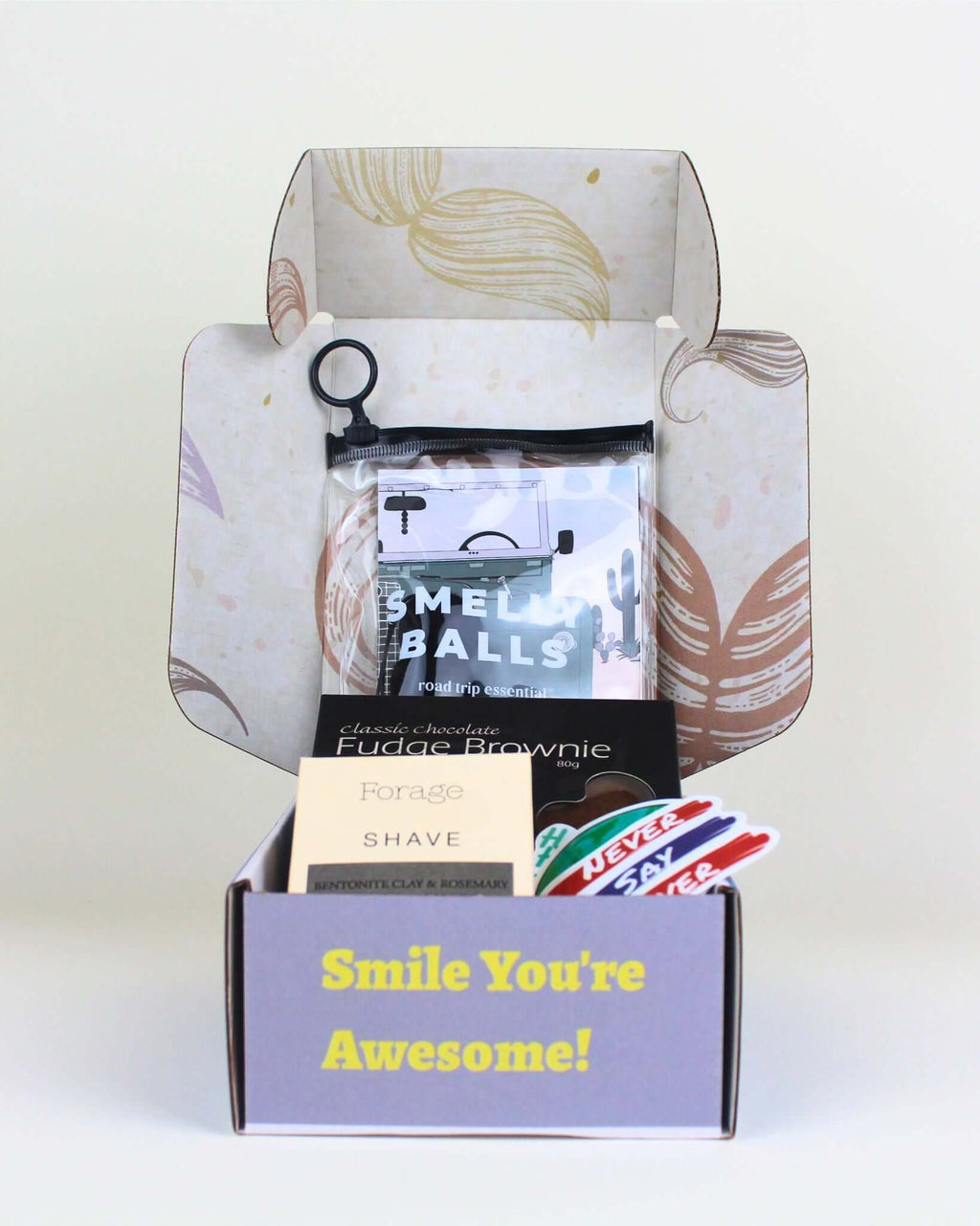 Humorous Quirky and Fun Gift Box for him – natural grooming, treats, and funny gifts NZ in moustache-themed packaging