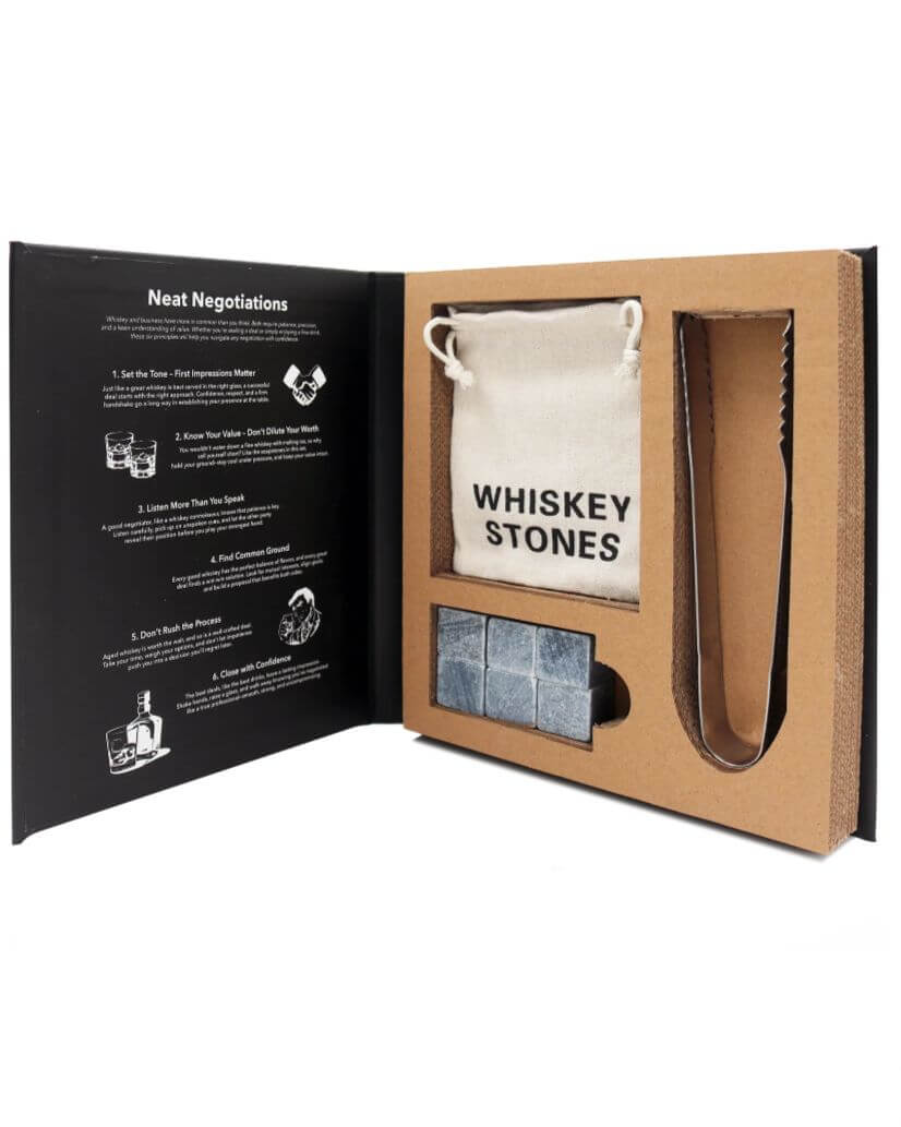 Unique Gift NZ elegant whiskey stones in hessian bag with book-style presentation box