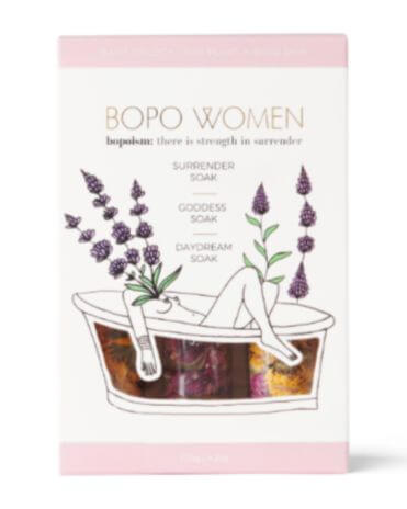 Wellbeing Gifts NZ Bopo Women Bath Shots trio beautifully packaged with natural ingredients for a calming, indulgent bath experience.