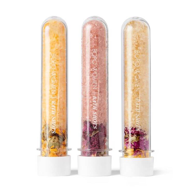 Wellbeing Gifts NZ Bopo Women Bath Shots set featuring three luxurious bath soaks with essential oils, mineral salts, clays, and organic flowers.
