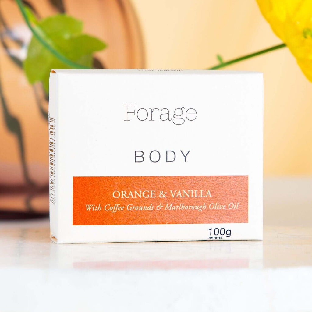 “Forage Orange & Poppy Natural Body Bar – eco-friendly, plant-based skincare, perfect as Natural Skincare Gifts NZ for pampering and mindful self-care.”