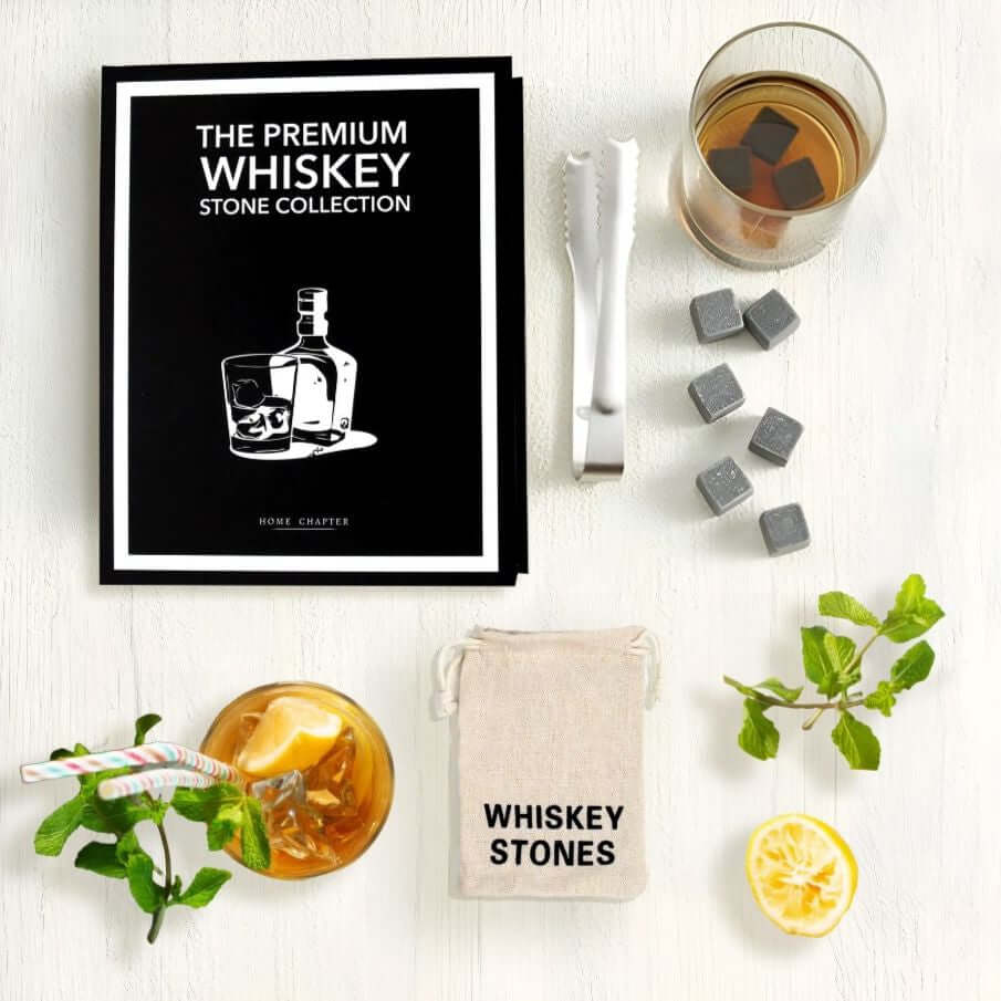 Unique Gift NZ Premium Whiskey Stone Collection with soapstone stones, tongs, and book-style box