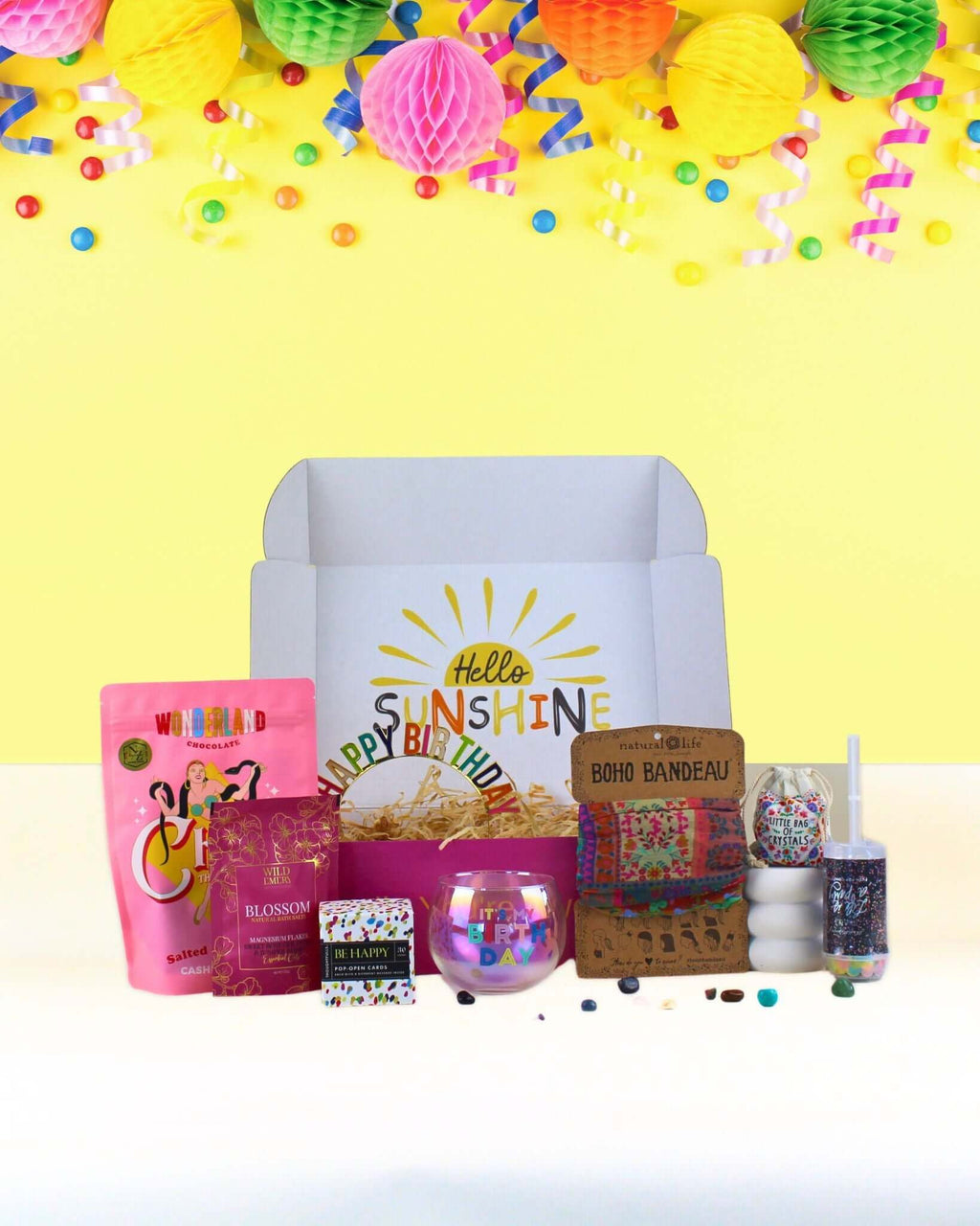 Birthday Gift Box For Her NZ with bath salts, crystals, caramel chews and birthday keepsakes