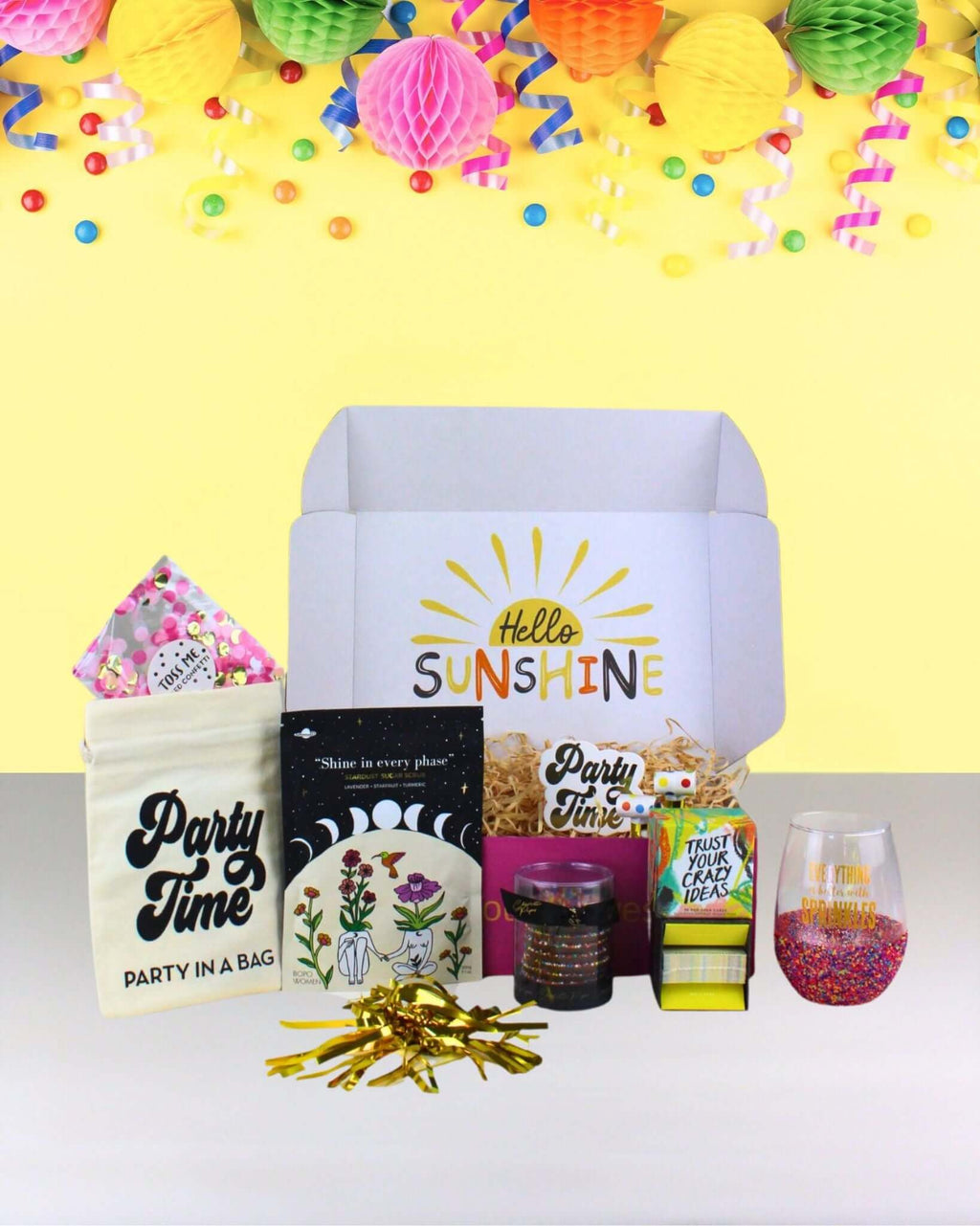 Birthday Gift Box For Her NZ with sprinkle wine tumbler, chocolate treats, bath scrub and uplifting birthday gifts