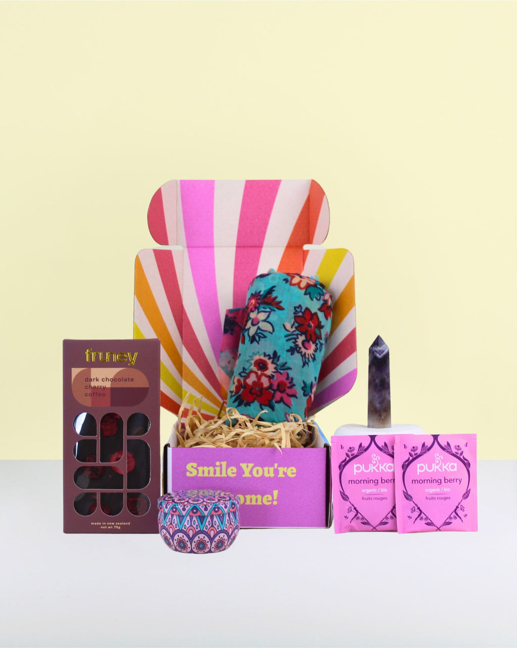 Crystal Gift Box NZ with your choice of crystal, mandala candle, dairy-free chocolate, herbal tea, colourful scarf, and personalised card