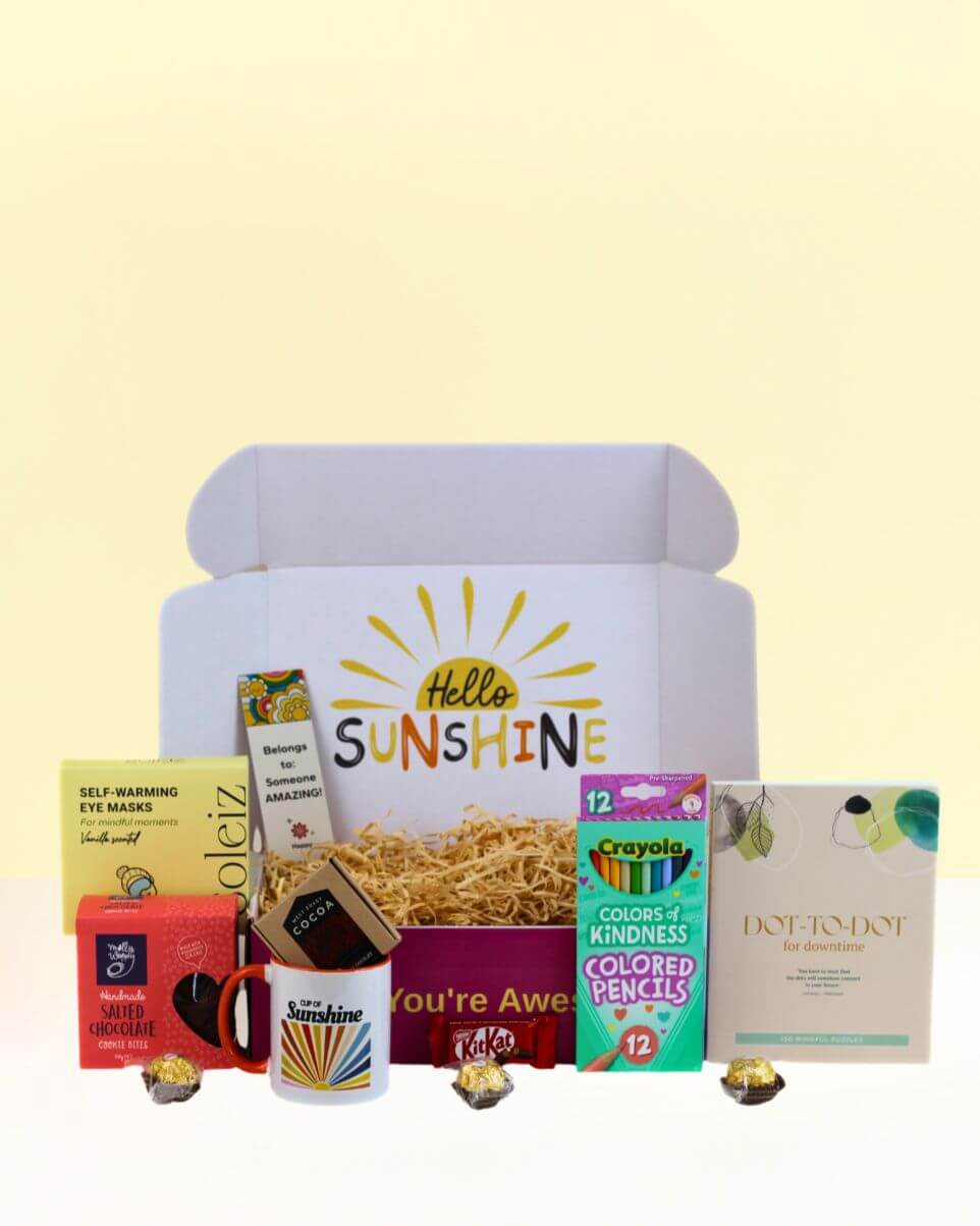 Wellbeing Gifts NZ Box-Full of Peaceful Moments with eye mask, puzzles, hot chocolate, and personalised card for relaxation and mindfulness