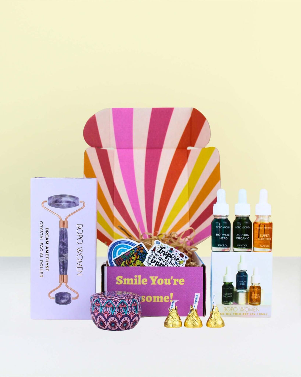 Amethyst Glow & Indulgence Self-Care Gift Box NZ – luxury wellness gift for women with skincare, crystal facial roller, and candle