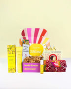 Thoughtful Gift Box NZ Little Box of Sunshine with Botanical hand cream, lemon essential oil roller, kiwi lolly scramble, and cheerful scarf gift set