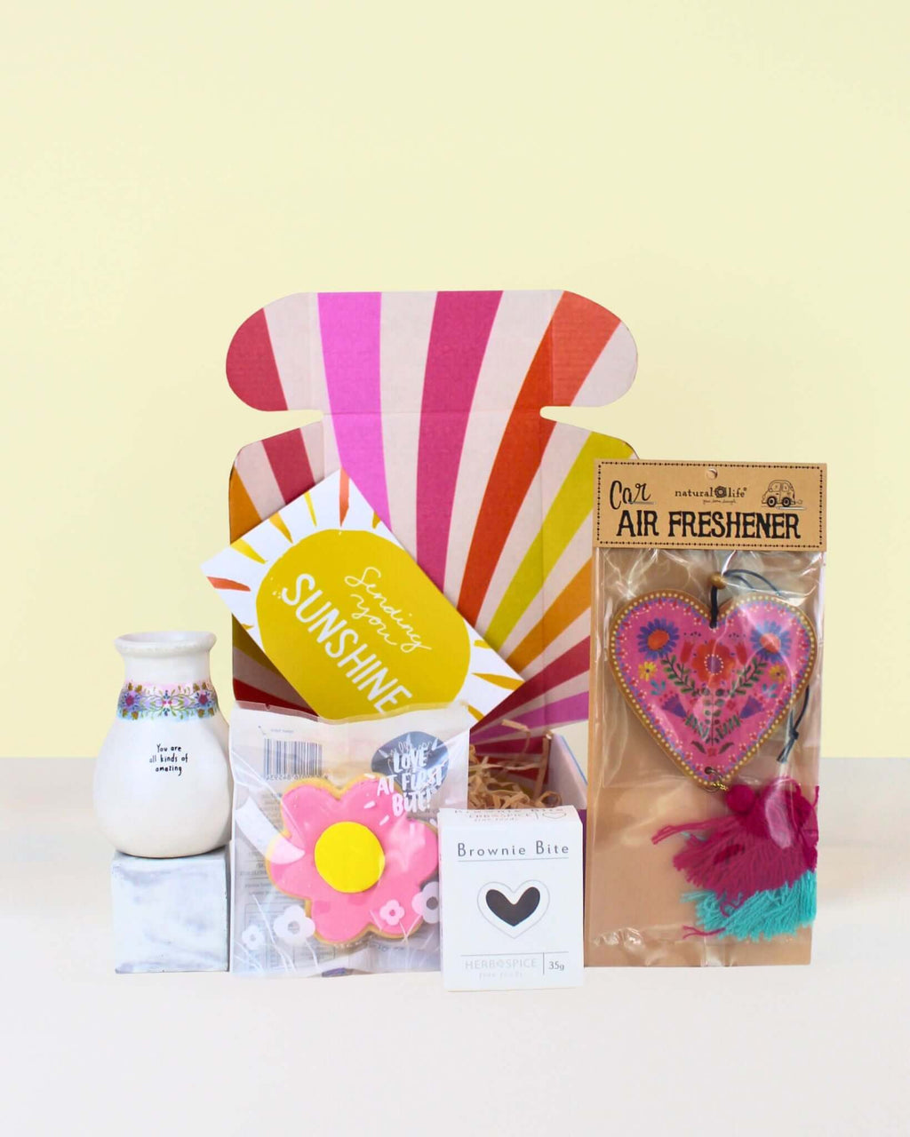 Affordable Gift Box NZ with bud vase “You Are All Kinds of Amazing”, heart air freshener, chocolate brownie, Molly Woppy daisy cookie, and personalised card in a colourful smile gift box. 