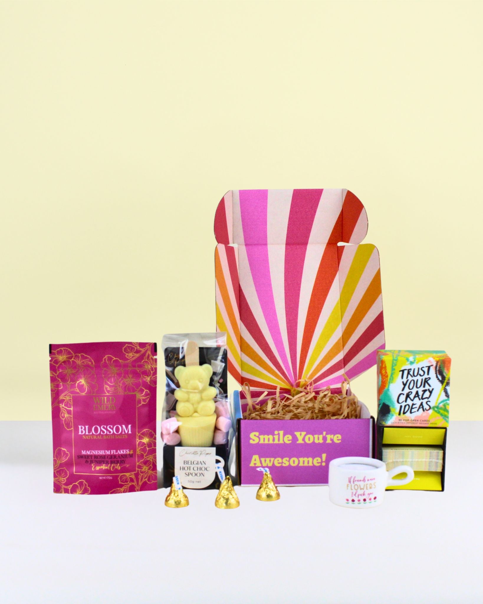 Gifts for Her NZ Little Gift Box of Friendship with affirmation cards, hot chocolate spoon, bath salts, chocolates, and friendship candle