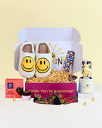 Wellbeing Gift NZ Box-Full of Warm Hugs with warm socks, mug, Belgian hot chocolate, pink clay mask, cookies, and personalised card