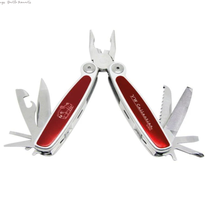Volkswagen VW T1 Bus red stainless steel multitool with embossed VW logo and matching metal gift tin for camping, DIY and gifting.