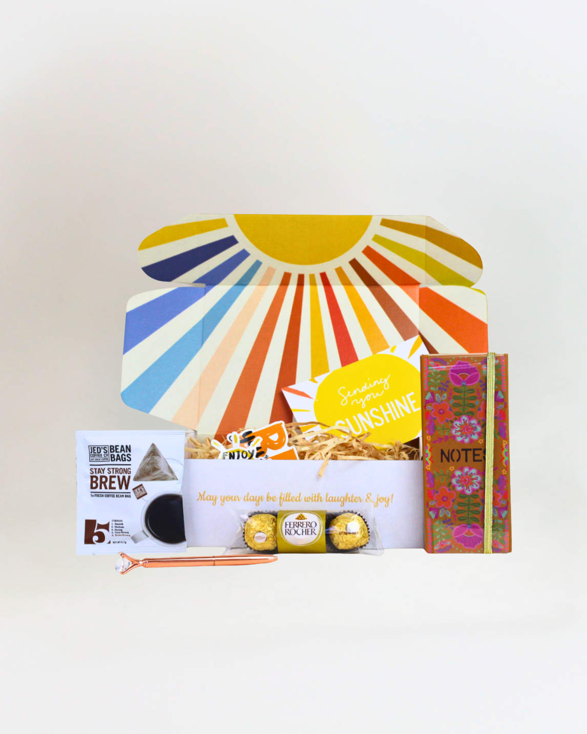 Work From Home Survival Kit gift box with Jeds coffee bean bag, Ferrero Rocher chocolates, gem pen, sticky notepad and personalised card in A Box-Full signature gift box.