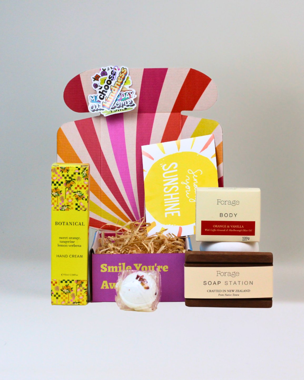 Natural self-care gift box NZ with Botanical hand cream, Forage body bar, wooden soap station and bath bomb