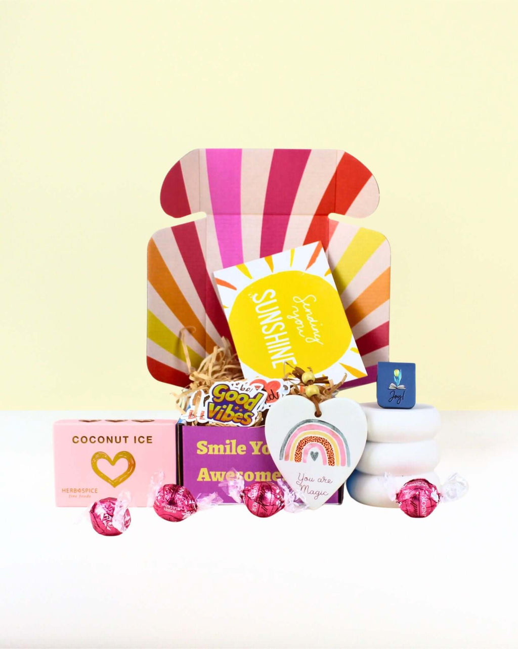 Fun Gift Box for Positivity NZ with You Are Magic ceramic keepsake, Lindor chocolates, and uplifting bookmark