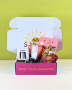 A Box-Full of Happiness Gift Box NZ – fun and thoughtful gift box with uplifting messages, bath bomb, treats, tumbler, and personalised card, ideal for birthdays or just-because gifts.
