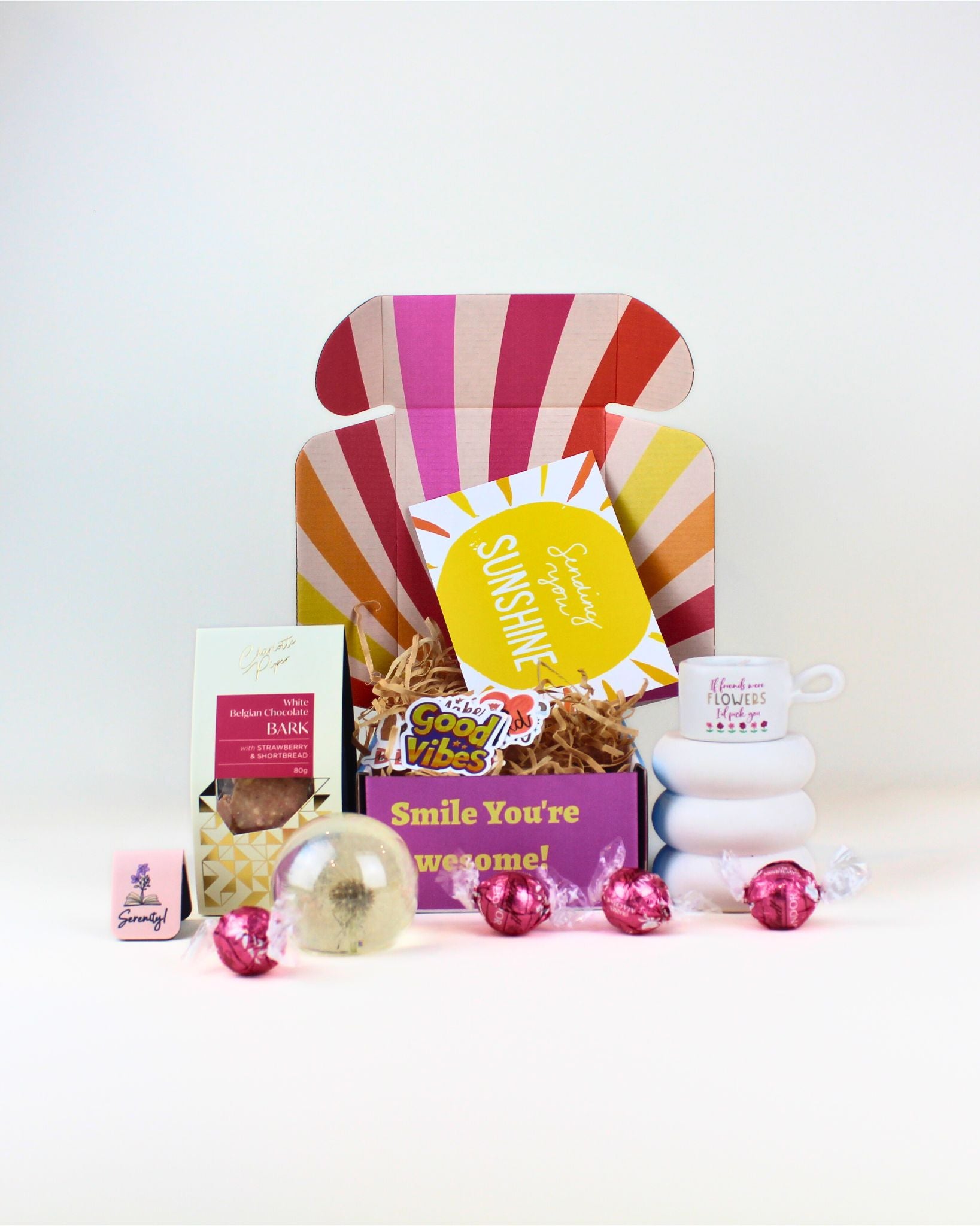 Box Full for Friends Gift Box NZ – tealight candle, dandelion ball, luxurious treats, bookmarks, affirmation stickers, and personalised card, NZ-wide delivery.
