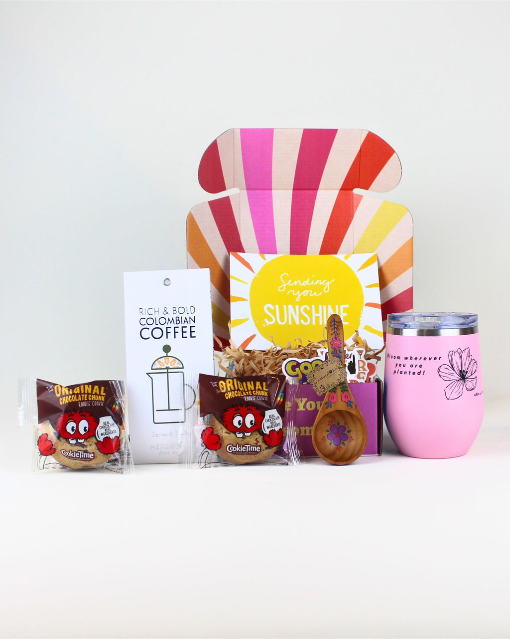 Box-Full of Coffee and Cookies NZ – keep cup, Colombian coffee, cookies, coffee scoop, and personalised card, beautifully packaged for NZ-wide delivery.
