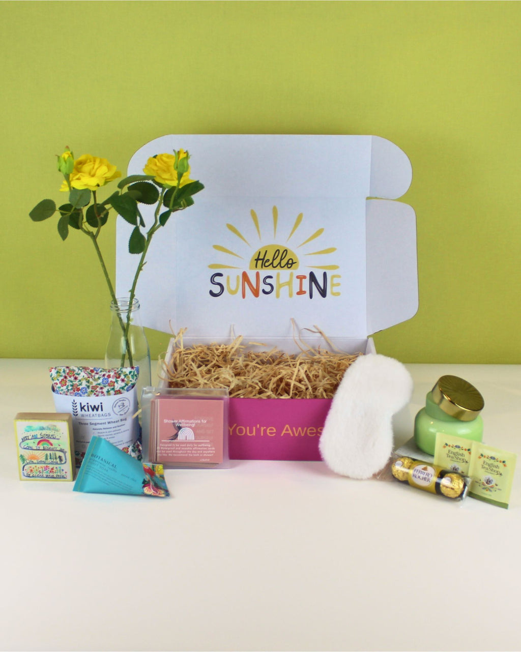 Box-Full of Self-Care NZ – foot soak, sleep mask, Kiwi wheatbag, candle, shower affirmations, treats, and personalised card, beautifully packaged for NZ-wide delivery.
