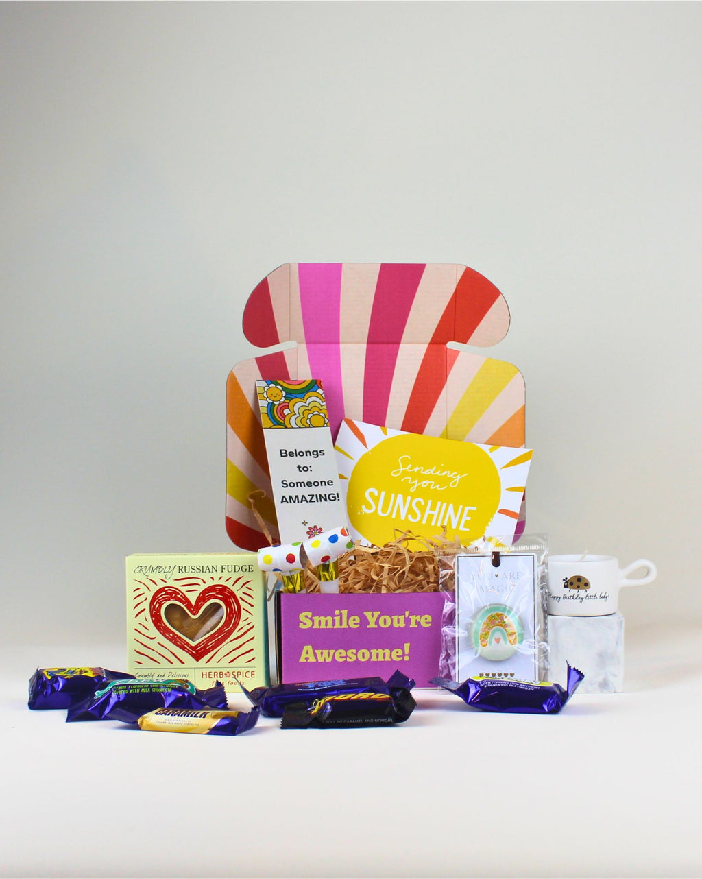 Fun Celebration Gift Box NZ – birthday gift with tea light candle, magnet, Cadbury Celebrations, fudge, and personalised card, beautifully packaged for NZ-wide delivery.
