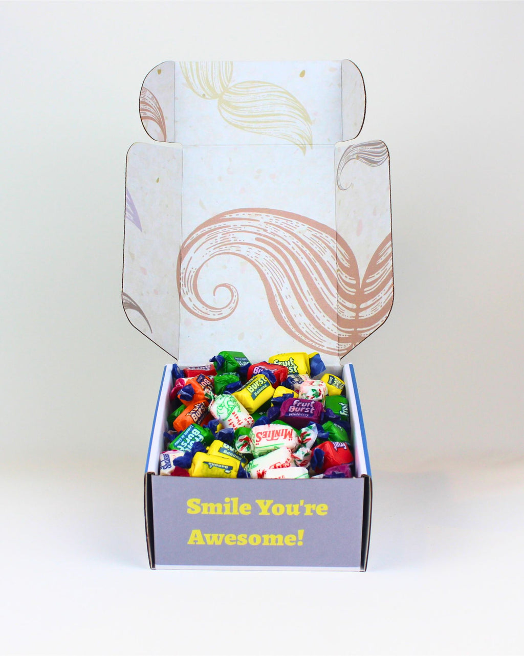 Fun Lollies Gift Box NZ – playful moustache-themed hamper with 500g of chewy lollies, personalised card included, NZ-wide delivery for birthdays or thank-yous.
